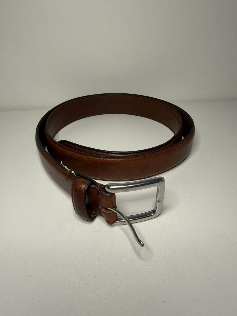 VTG J. CREW Brown Genuine Italian Leather Belt Silver Buckle SIZE 36 Made USA